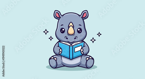 Cute Rhino Reading Book Cartoon Vector.