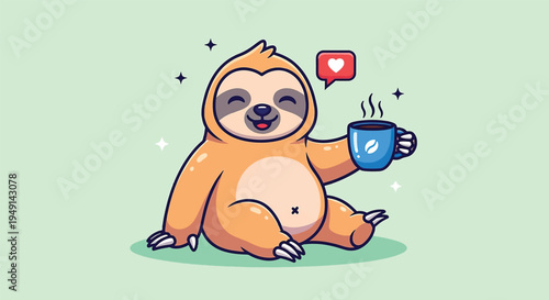 Cute Sloth Enjoying a Hot Coffee Beverage Vector Illustration.