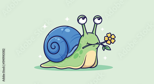Cute Snail Holding a Flower in its Mouth Vector Illustration.