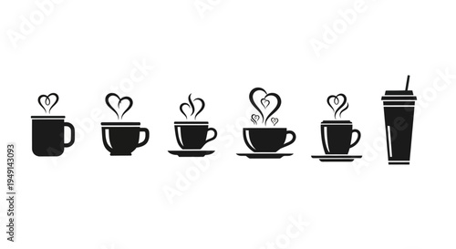 Minimalist coffee cup silhouettes with heart shaped steam including mug espresso cup tea saucer and takeaway container for beverage branding and cafe design