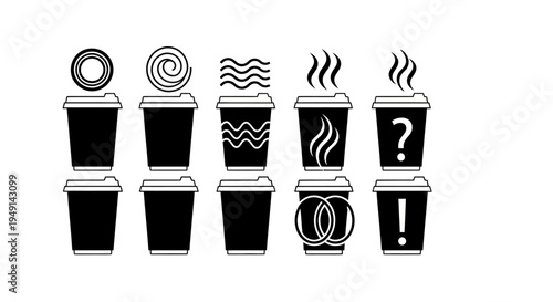 Set of ten black coffee cup icons illustrating diverse lid designs and body decorations for drinks