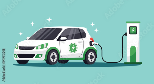 Electric car charging at a station ecofriendly transportation concept Vector.