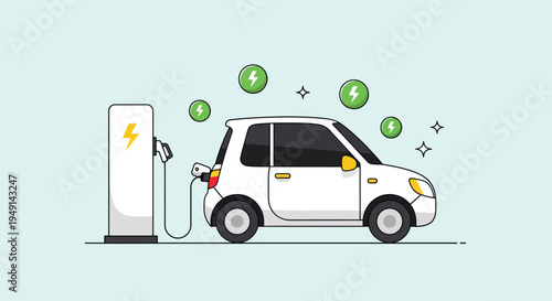 Electric car charging at a station with money symbols floating around illustrating cost savings and ecofriendliness.