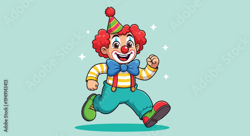 Happy Clown Running with a Party Hat.