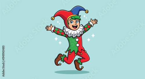 Happy Jester Cartoon Character Jumping with Joy Vector Illustration.
