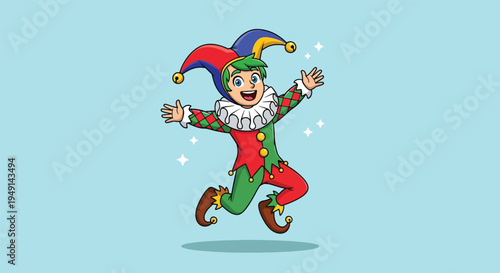Happy Jester Jumping with Joyful Expression.