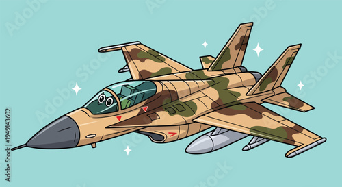 Military jet fighter plane with camouflage pattern flying in the sky.