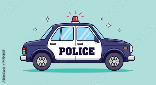 Police Car with Flashing Lights and Siren on a Light Blue Background.