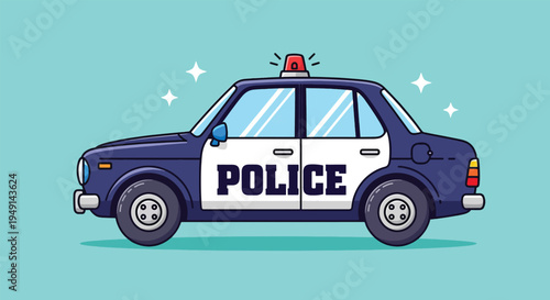Police Car with Siren Flashing on a Blue Background.