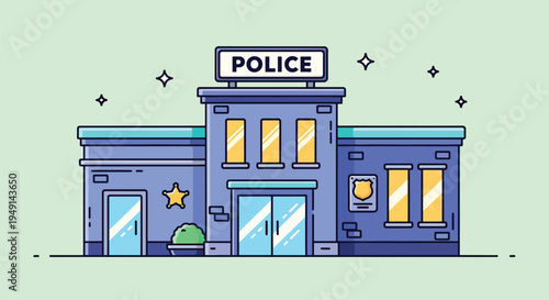 Police Station Building Exterior with Sign and Windows Vector Illustration.