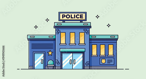 Police Station Building Exterior with Sign and Windows.