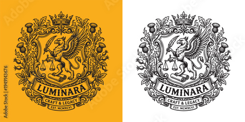 Luminara Griffin Heraldic Emblem with Quill and Scales