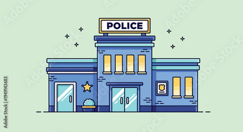 Police Station Building with Star Icon and Police Sign.