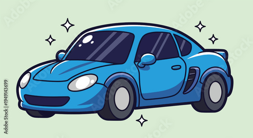 Shiny Blue Sports Car Cartoon Illustration.