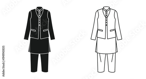 Two depictions of traditional menswear a Kurta and jacket in black and white silhouette