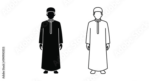 Two men in traditional Arab clothing one black and one white silhouette