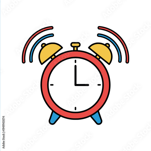 Colorful illustration of an alarm clock ringing with red and blue sound waves on a white background.
