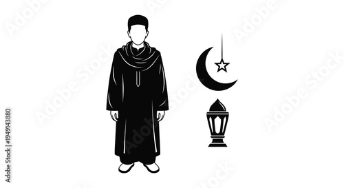 Islamic figure with crescent moon and lantern a striking silhouette
