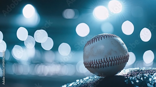 Close-Up of Baseball on Wet Surface Under Bright Stadium Lights