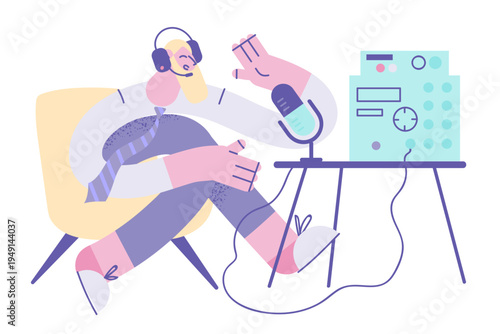 Smiling man talk on radio on microphone