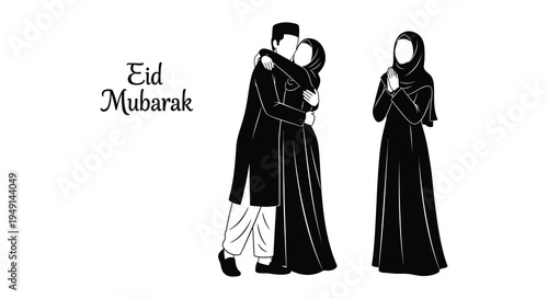 Eid mubarak celebration with a couple embracing and a woman praying silhouette
