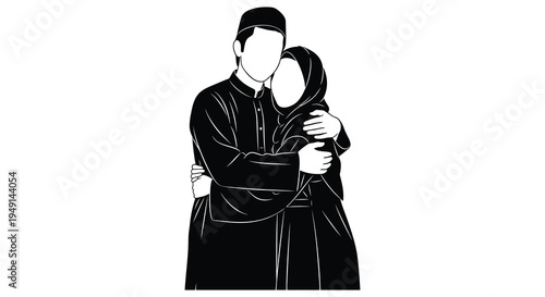A loving muslim couple embracing depicted in a striking black silhouette