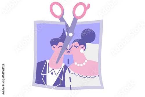 Scissors cut couple marriage photograph with spouses get divorced