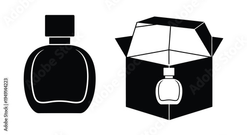 Perfume bottle and open gift box in stark black silhouette