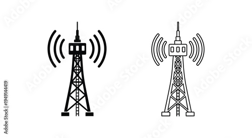 Two depictions of radio towers one filled and one outlined a striking silhouette