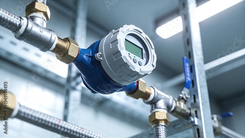 A digital water meter installed on metal pipes in a modern utility room. The meter displays a clear digital readout, indicating water usage.
