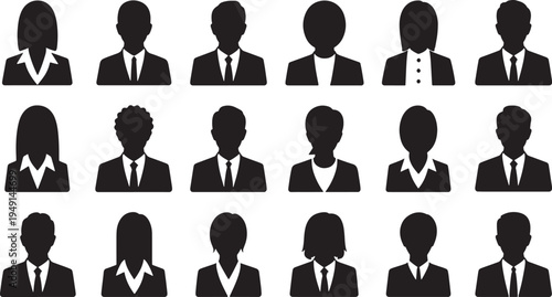 Collection of black silhouette representing diverse business professionals in formal attire