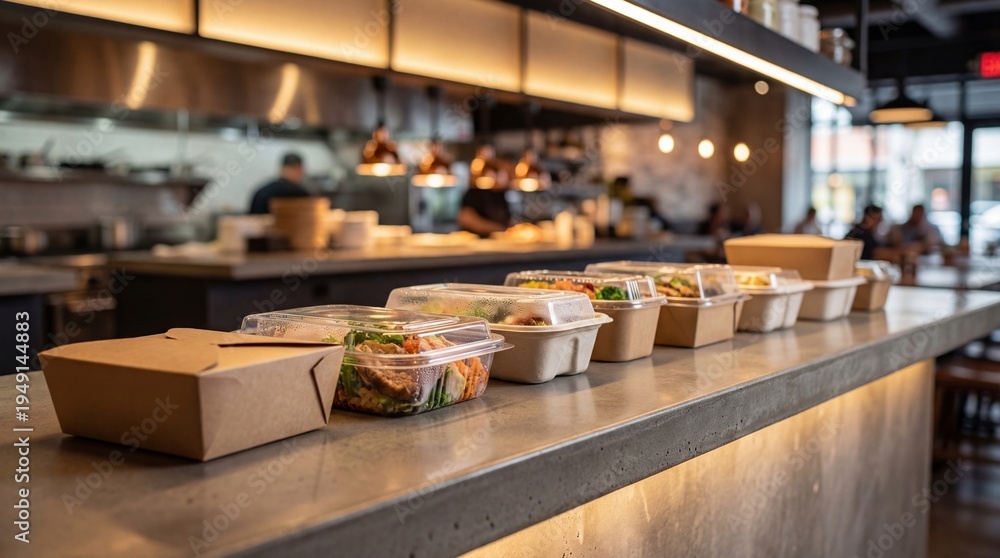 Fototapeta premium Takeout food containers with sandwiches and salads on a counter in a modern restaurant interior, fast casual dining concept.