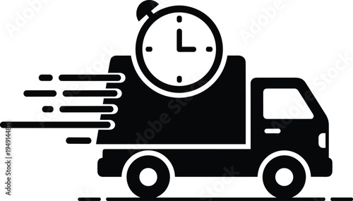 Fast delivery truck with clock icon representing express shipping logistics courier service and quick transportation concept