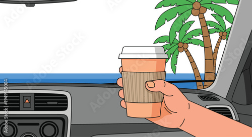 A light-skinned hand holds an orange and white disposable coffee cup with a textured sleeve inside a car with palm trees and ocean visible.