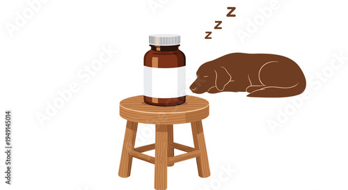 A brown medicine bottle with a white label and a ribbed cap is placed on a light brown wooden stool next to a sleeping brown dog.