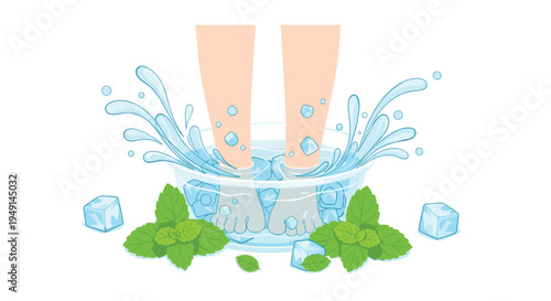 Two bare human feet are submerged in a clear glass bowl filled with water, ice, and mint, creating splashes.