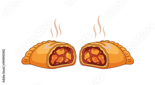 Two golden-brown empanadas are each cut in half, displaying a bright, chunky sweet fruit filling with rising steam.