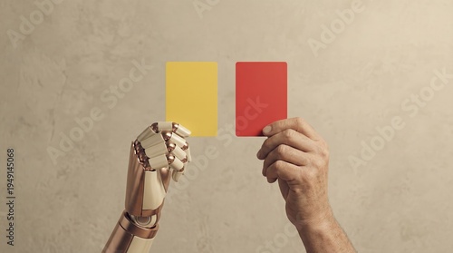 A robotic hand and a human hand holding yellow and red penalty cards representing AI ethics and regulation.