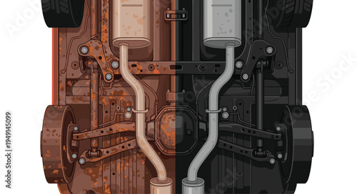 An overhead view of a car's undercarriage depicts a stark contrast between a rusted and a clean, restored side.