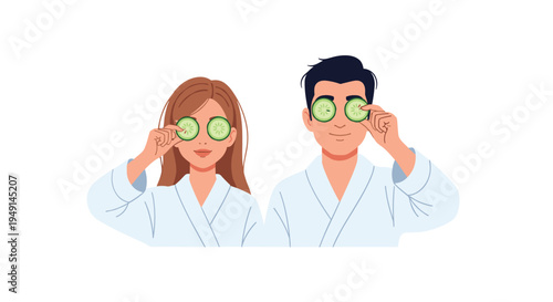 A smiling man and woman in white bathrobes are holding green cucumber slices over their eyes, looking forward.