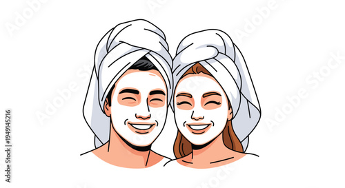 A happy man and woman with white towels on their heads and facial masks on their faces are smiling with closed eyes.