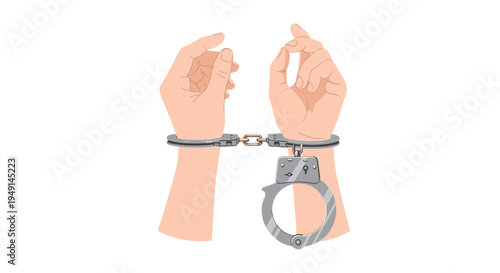 Two human hands are bound at the wrists by silver metal handcuffs, with one cuff closed and the other open.