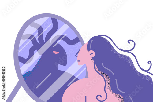 Woman look in mirror see shadow evil reflection