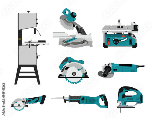 Wood Cutting Power Tools Set Flat Vector Illustration