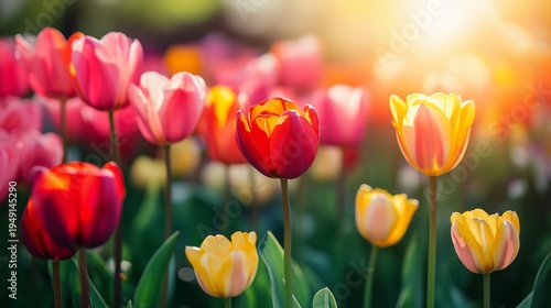 Colorful Tulips Bloom in the Garden During Sunrise in Spring