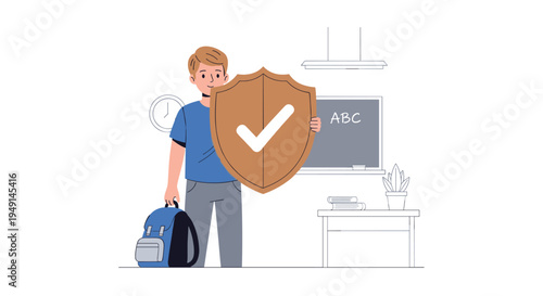 A young man wearing a blue t-shirt and gray pants stands in a classroom, holding a brown shield with a white checkmark, a blue backpack in his left hand, with a black chalkboard and desk behind him.