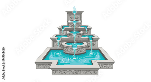 A modern, gray, concrete-like tiered fountain with a geometric design features nine levels of basins, with bright blue water cascading downwards into a rectangular pool at the base.
