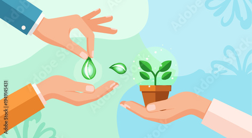 Hands exchanging plant seedling and water drop symbolizing environmental care, sustainability and eco responsibility concept illustration in flat vector style with copy space