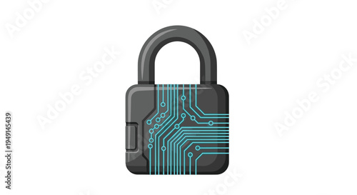 A dark gray, metallic-looking padlock with a bright blue circuit board pattern etched across its face stands upright on a plain white background, appearing solid and robust.