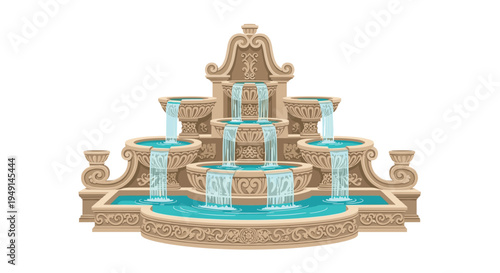 An ornate, beige, stone-like tiered fountain with intricate carvings features seven levels of basins, with light blue water cascading downwards into the largest circular pool at the base.